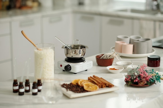 kitchen scene with cooking utensils